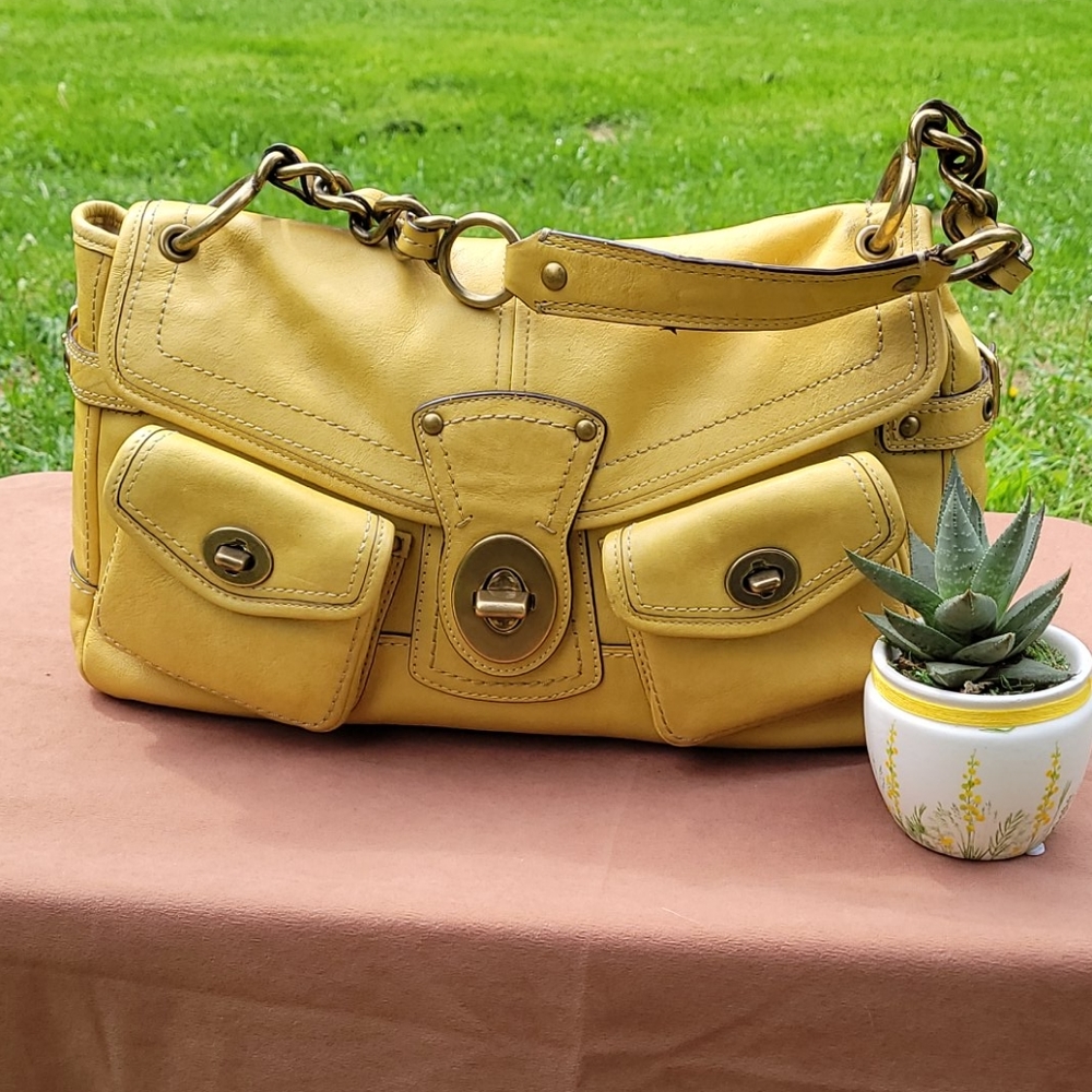 Lemon yellow leather vintage coach handbag satchel
